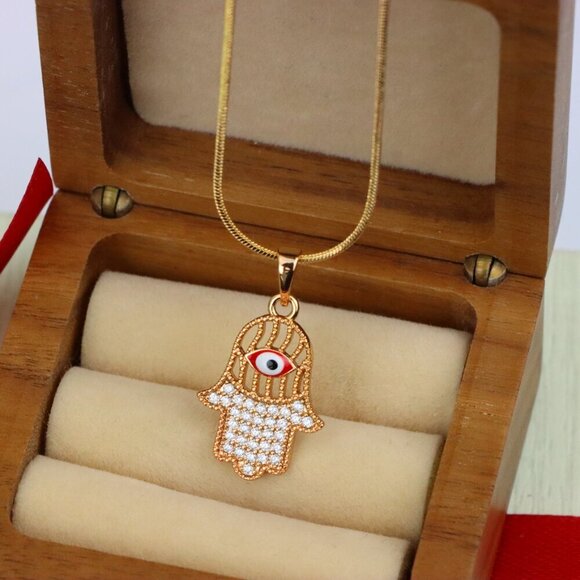 "Rose Gold Hamsa Hand Pendant with Evil Eye and Sparkling Stones, XPPT1386 - Picture 7 of 13